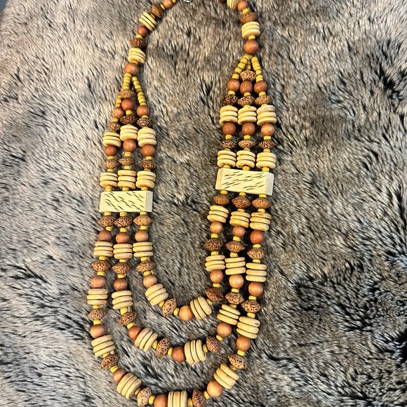 Vintage Boho Chunky Wood Triple Layer Beaded Necklace - Picture 1 of 6
